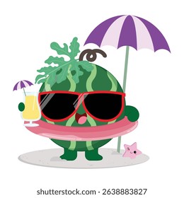 Cute And Happy Watermelon Fruit Cartoon Character Enjoying The Beach While Drinking Fresh Juice