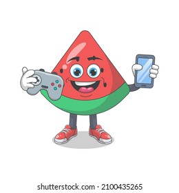 Cute Happy Watermelon Gamer Cartoon Vector Illustration. Fruit Mascot Character Concept Isolated Premium Vector