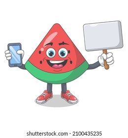 Cute Happy Watermelon Holding Blank Sign Cartoon Vector Illustration. Fruit Mascot Character Concept Isolated Premium Vector