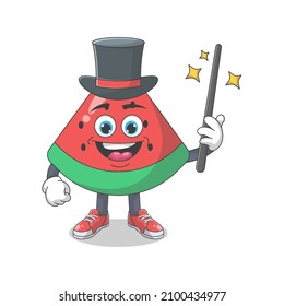 Cute Happy Watermelon Magician Cartoon Vector Illustration. Fruit Mascot Character Concept Isolated Premium Vector