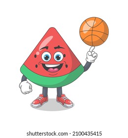 Cute Happy Watermelon Playing Basketball Cartoon Vector Illustration. Fruit Mascot Character Concept Isolated Premium Vector