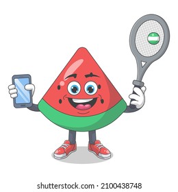 Cute Happy Watermelon Playing Tennis Cartoon Vector Illustration. Fruit Mascot Character Concept Isolated Premium Vector