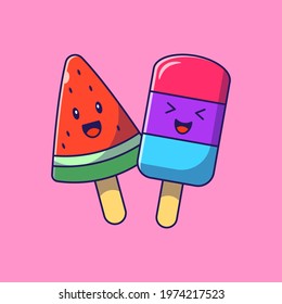 Cute Happy Watermelon Popsicle on Wooden Stick Flat Icon Vector Illustration Isolated.