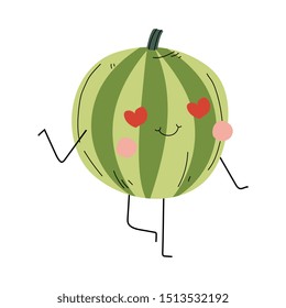 Cute Happy Watermelon with Red Heart Eyes, Cheerful Vegetable Character with Funny Face Vector Illustration