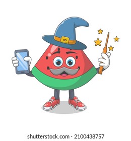 Cute Happy Watermelon Wizard Cartoon Vector Illustration. Fruit Mascot Character Concept Isolated Premium Vector