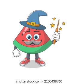 Cute Happy Watermelon Wizard Cartoon Vector Illustration. Fruit Mascot Character Concept Isolated Premium Vector