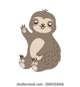 Cute happy waving sloth clipart flat vector illustration.