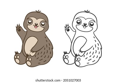 Cute happy waving sloth colored and line art outline clipart set flat vector illustration. Animal mammal easy simple coloring book page activity worksheet for kids.