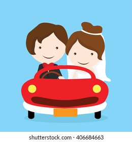 cute happy wedding couple in a red car