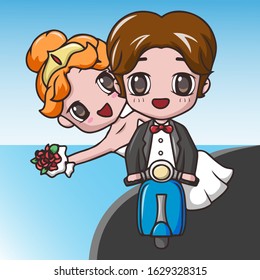 Cute happy wedding couples riding scooter