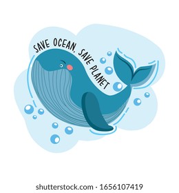 linda ballena feliz en el océano entre burbujas. salva el mensaje del océano para salvar el planeta. ilustración vectorial
