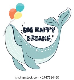 Cute happy whale vector illustration, children  t-shirt prints, wallpapers, greeting cards