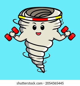 Cute happy Whirlwind tornado icon. whirlwind tornado vector icon with fitness costume on blue background cartoon icon illustration design isolated flat cartoon style