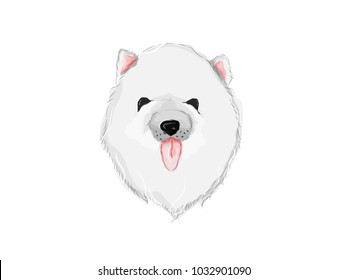 Cute Happy White American Eskimo Breed Dog Animal Pet Graphic Design Vector Illustration Drawing. Watercolor, Digital Painting, Painting. EPS 10