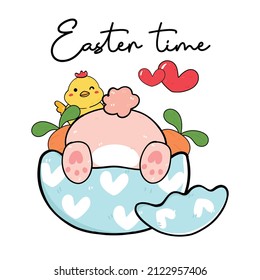 cute happy White bunny butt in broken egg shield and yellow chicken baby cute cartoon drawing outline Easter time