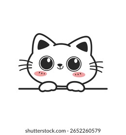 Cute happy white cat with big eye cartoon hand-drawn style peeking, Kawaii smiling cat doodle