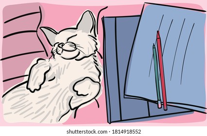 cute happy white cat lies with his eyes closed next to textbooks and notebooks. vector illustration