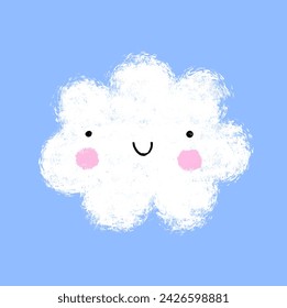 Cute Happy White Cloud. Lovely Hand Drawn Vector Illustration with Happy Smiling Cloud on a Baby Blue Background. Childish Drawing-like Nursery Art Perfect for Card, Kids' Room Decoration. RGB. 