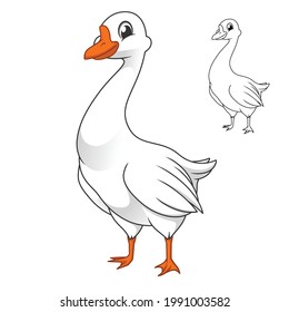 Cute Happy White Geese with Line Art Drawing, Animal Birds, Vector Character Illustration, Cartoon Mascot Logo in Isolated White Background.