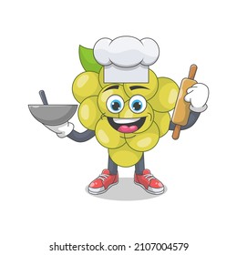 Cute Happy White Grape Chef Cartoon Vector Illustration. Fruit Mascot Character Concept Isolated Premium Vector