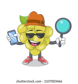 Cute Happy White Grape Detective Cartoon Vektorgrafik Illustration. Obstmascot-Zeichenkonzept einzeln auf Premium-Vektorgrafik