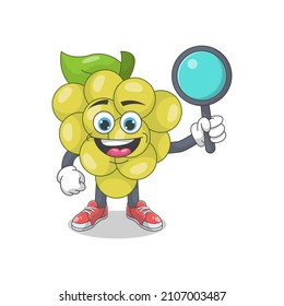 Cute Happy White Grape Detective Cartoon Vector Ilustración. Concepto de carácter mascota de frutas Vector premium aislado