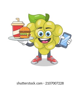 Cute Happy White Grape With Fast Food Cartoon Vector Illustration. Fruit Mascot Character Concept Isolated Premium Vector