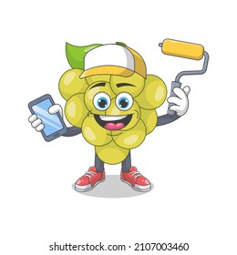 Ilustración del vector de dibujos animados Cute Happy White Grape Painter. Concepto de carácter mascota de frutas Vector premium aislado