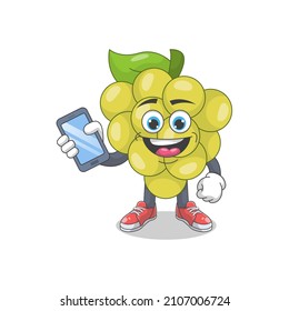 Cute Happy White Grape With Phone Cartoon Vector Illustration. Fruit Mascot Character Concept Isolated Premium Vector