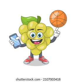 Cute Happy White Grape Playing Basketball Cartoon Vector Illustration. Fruit Mascot Character Concept Isolated Premium Vector