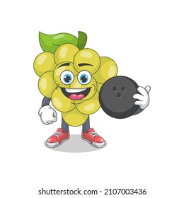 Cute Happy White Grape Playing Bowling Cartoon Vector Illustration. Fruit Mascot Character Concept Isolated Premium Vector