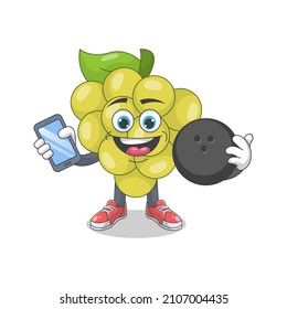 Cute Happy White Grape Jugando A La Ilustración Del Vector De Caricatura De Bowling. Concepto de carácter mascota de frutas Vector premium aislado
