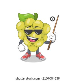 Cute Happy White Grape Playing Billiard Cartoon Vector Illustration. Fruit Mascot Character Concept Isolated Premium Vector