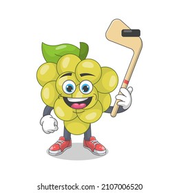 Cute Happy White Grape Playing Ice Hockey Cartoon Vector Illustration. Fruit Mascot Character Concept Isolated Premium Vector