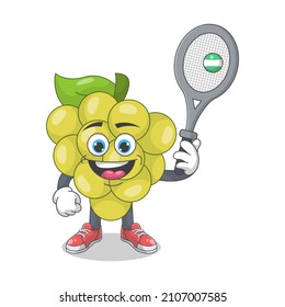Cute Happy White Grape Jugando A La Ilustración Del Vector De Caricaturas De Tenis. Concepto de carácter mascota de frutas Vector premium aislado