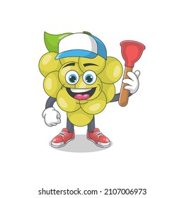 Cute Happy White Grape Plumber Cartoon Vector Illustration. Fruit Mascot Character Concept Isolated Premium Vector