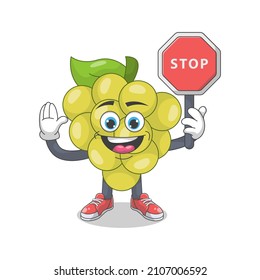 Cute Happy White Grape With Stop Sign Cartoon Vector Illustration. Fruit Mascot Character Concept Isolated Premium Vector