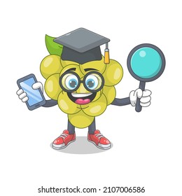 Cute Happy White Grape University Graduate Cartoon Vector Illustration. Fruit Mascot Character Concept Isolated Premium Vector