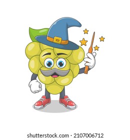 Cute Happy White Grape Wizard Cartoon Vector Illustration. Fruit Mascot Character Concept Isolated Premium Vector