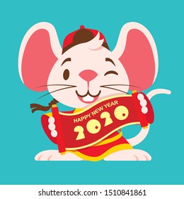 Frische weiße Maus mit großen Ohren, traditionelle chinesische Jacke hält chinesische Schriftrollen.Chinesisches Neujahr 2020. Das Jahr der Ratte. - Vektorillustration mit flachem Maskottchen