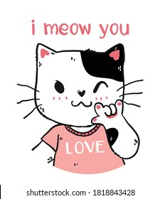 cute happy white and pink cat i meow you with love you hand gesture signage portrait half body doodle cartoon flat vector for nuresery art, greeting card, t shirt, sticker, printable