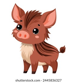 Cute happy wild boar, little boar, funny aper. Сute autumn forest animal isolated on white background. Flat vector illustration. Fall season stickers and clipart.