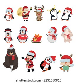 cute happy winter characters Christmas set