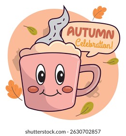 Cute happy winter hot chocolate drink character Vector illustration