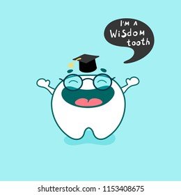 Cute happy wisdom tooth character in glasses. Vector illustration in cartoon style.