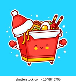 Cute happy wok noodle box character in Christmas hat. Funny kawaii cartoon character. Vector flat line illustration icon. Asian food from wok, noodle box character concept.