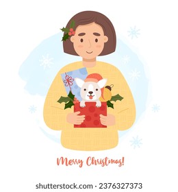 Cute happy woman with dog and gift box, Christmas ball and holly. Vector illustration in cartoon style. New Year greeting card Merry Christmas.