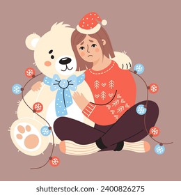 Cute happy woman with dog and gift box, Christmas ball and holly. Vector illustration in cartoon style. New Year greeting card Merry Christmas.