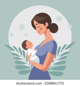 Cute happy woman with newborn baby, mother holding her baby in her arms. Flat style illustration