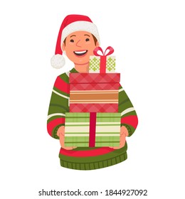 Cute happy woman in ugly sweater holds Christmas gifts in her hands. Merry Christmas. Vector illustration in flat style